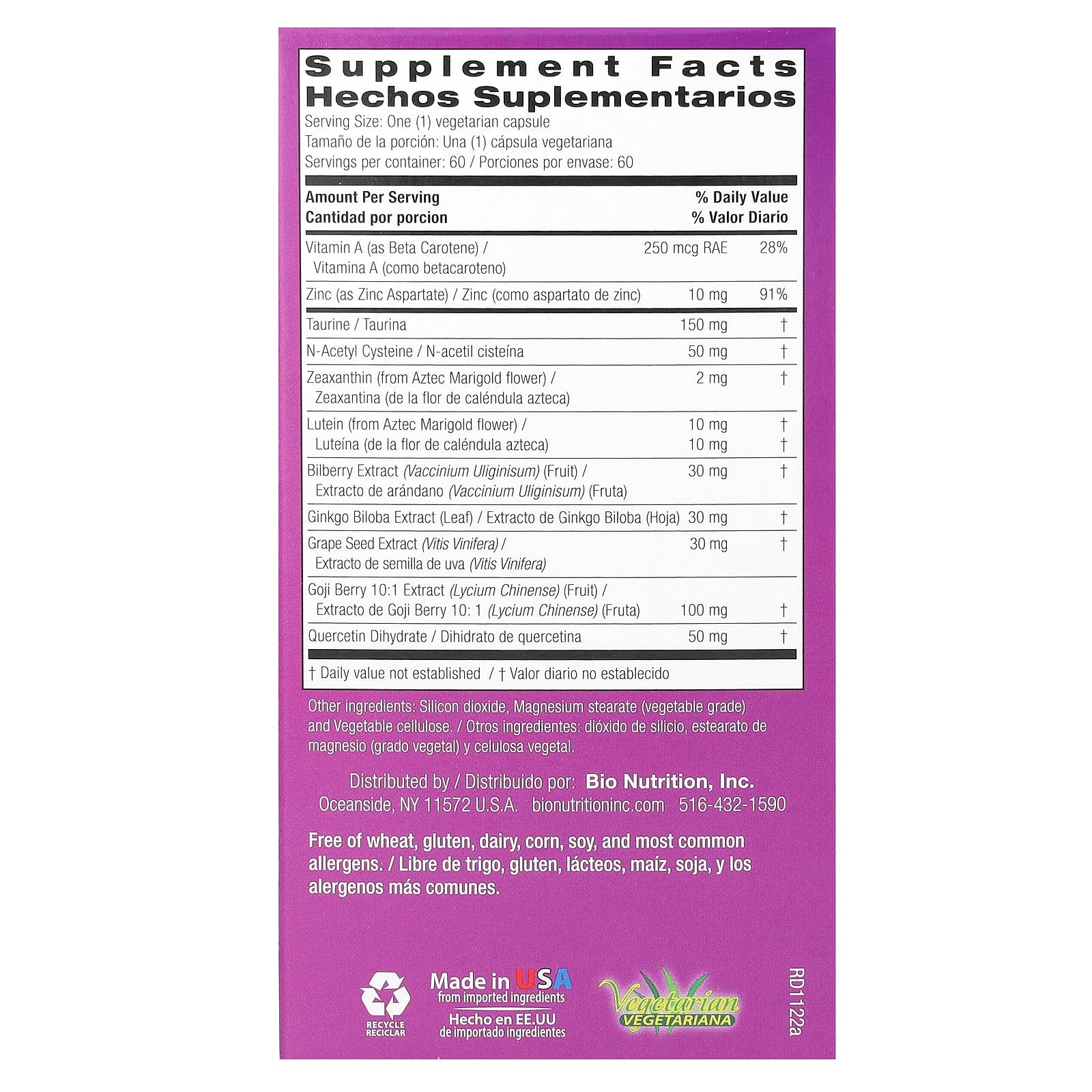 Bio Nutrition, Eye Wellness with Zeaxanthin, 60 Vegetarian Capsules