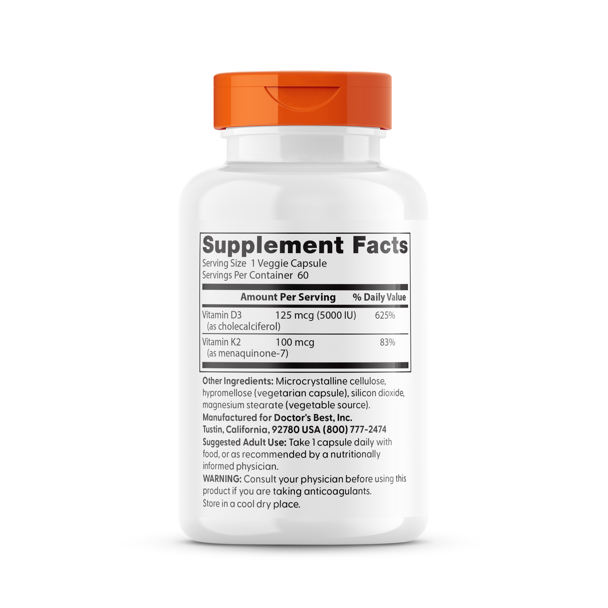 Doctor's Best Vitamin D3 + K2, MK-7, 60 Veggie Caps